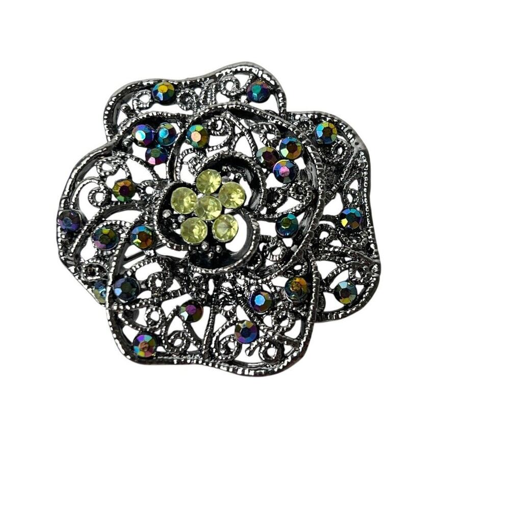 Vintage Green AB Brooch Retro Glam Aurora Borealis Rhinestones Classic Boho Chic